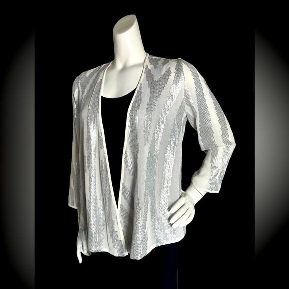 CHICO’S Women White Sheer Silver Beads in Geometric design Light jacket Size 0 - Picture 12 of 12